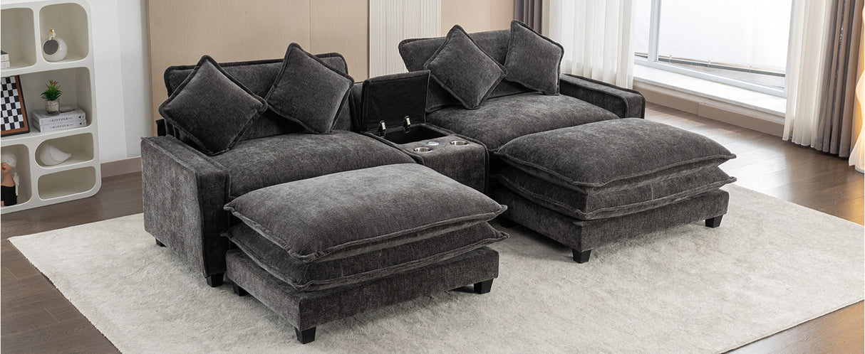 112.6" Chenille Upholstered Sofa with Two Ottomans, Two USB Ports, Two Cup Holders and Large Storage Box -Dark Gray