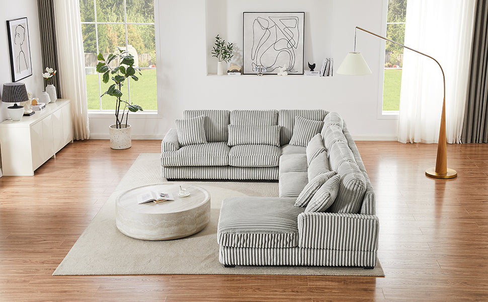 129" Oversized U-shaped Sofa Sectional in Soft Corduroy with a Chaise Lounge , Grey