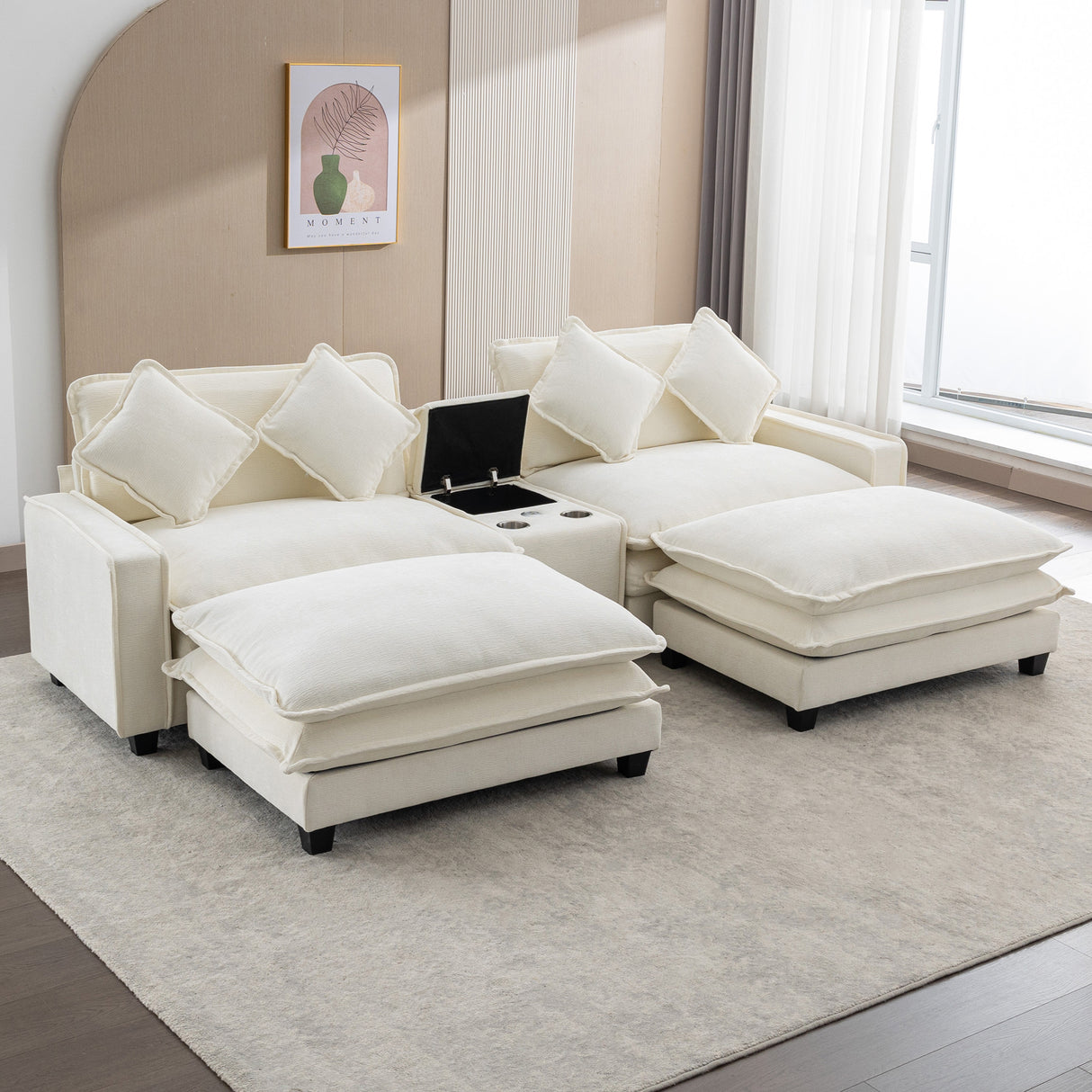 112.6" Chenille Upholstered Sofa with Two Ottomans, Two USB Ports, Two Cup Holders and Large Storage Box - Beige