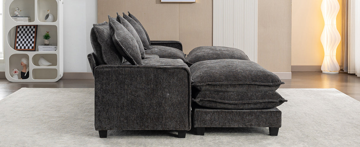 112.6" Chenille Upholstered Sofa with Two Ottomans, Two USB Ports, Two Cup Holders and Large Storage Box -Dark Gray