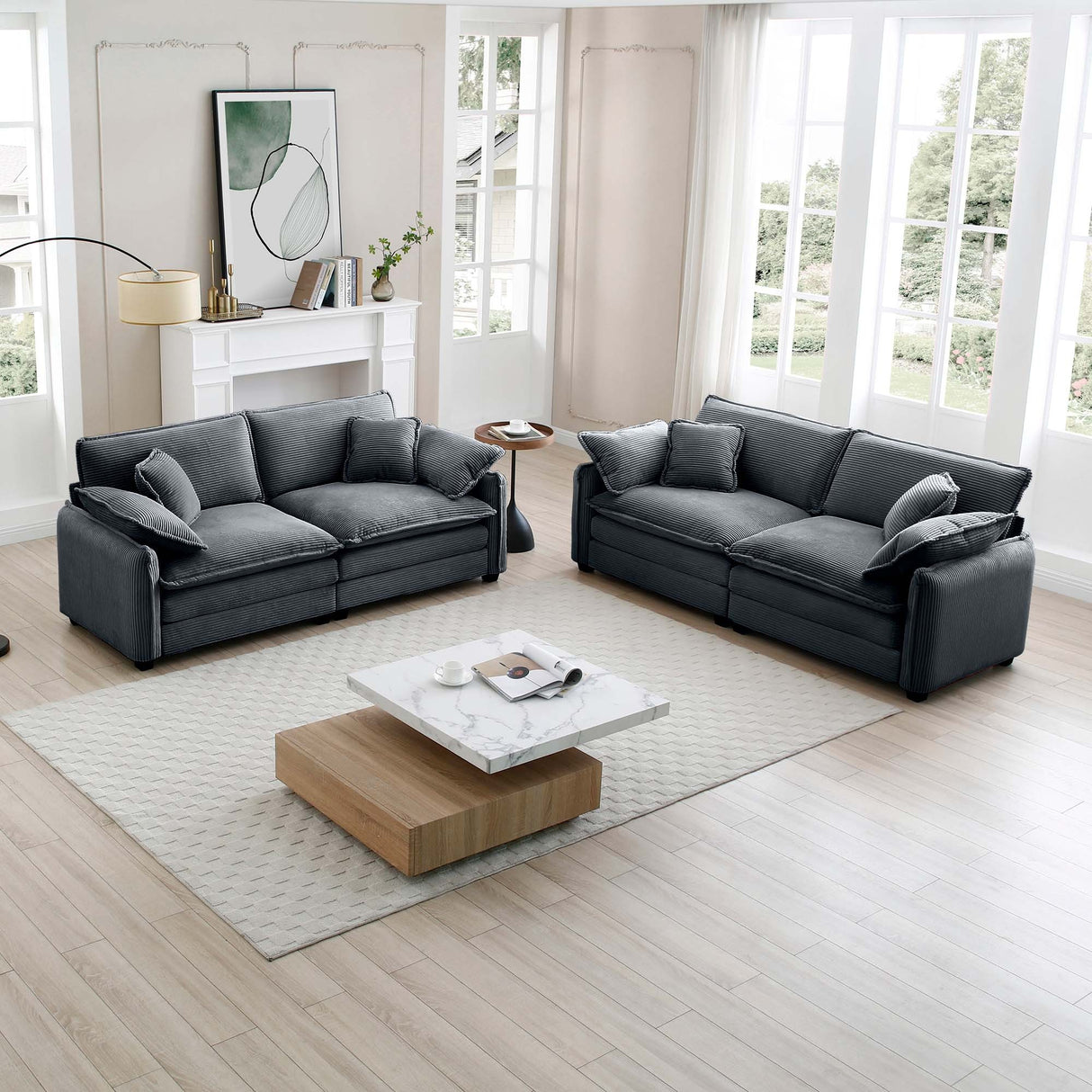 Two-Piece Corduroy Living Room Set (Sofa and Love Seat) - Gray