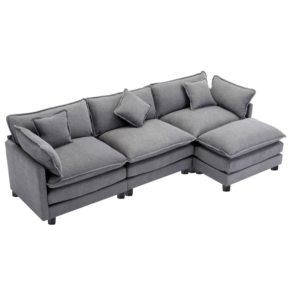 112.2" Chenille Upholstered Sofa with Ottoman and 5 Pillows - Gray