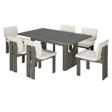 TREXM 7-Piece Retro Dining Set With Trestle Base and 6 Upholstered Chairs (Grey)