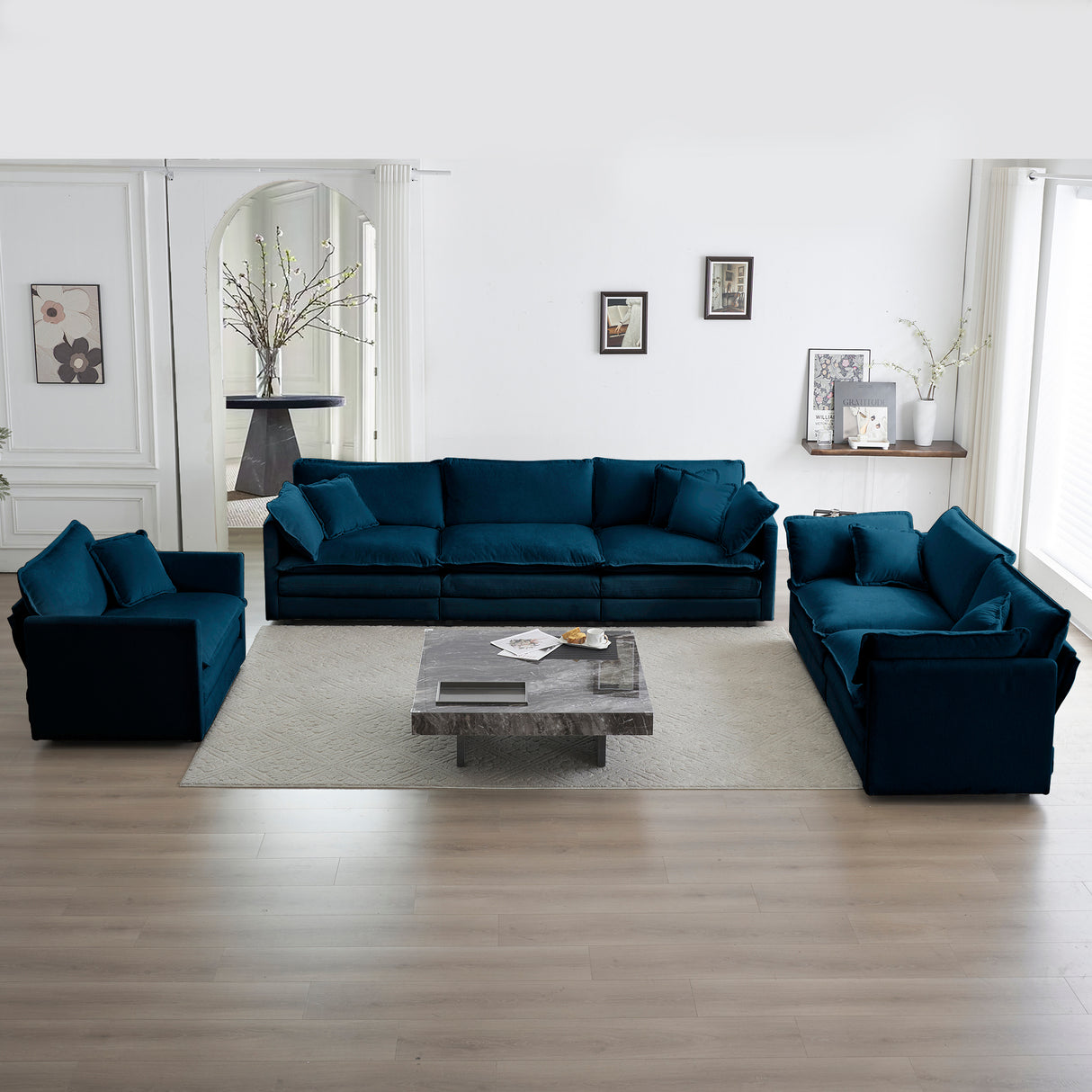 Modern Extra Deep Living Room Set Including Sofa, Love Seat and Chair - Blue Chenille