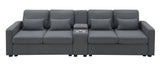 114.2" Upholstered Sofa with Console, 2 Cupholders, 2 USB Ports for Wired or Wireless Charge with 4 Pillows - Charcoal Gray