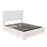 Full Size Tufted Upholstered Platform Bed with Hydraulic Storage System  with LED Lights and USB charger - White