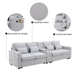 114.2" Upholstered Sofa with Console, 2 Cupholders, 2 USB Ports for Wired or Wireless Charge with 4 Pillows - Light Gray