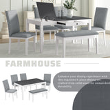 Farmhouse 6-Piece Dining Set with Storage Table with Drawer, and Upholstered Dining Chairs - White+Gray