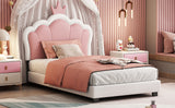 Twin size Upholstered Princess Bed With Crown Headboard, White+Pink