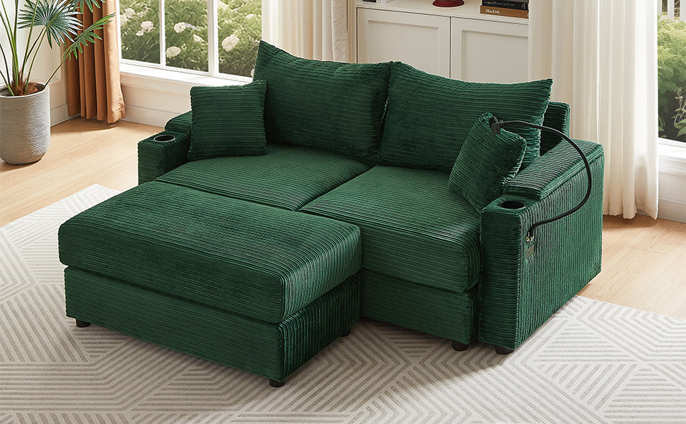 72.8" Modern Style Loveseat with Storage Space, Movable Ottoman, Two USB Ports, Two Cup Holders and Phone Holder - Green