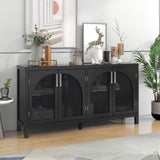 Large Accent Cabinet With Artificial Rattan Door And Metal Handles - Black