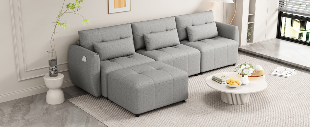 113.3" Modular Sectional Sofa with Ottoman, USB and USB-C Ports, Gray