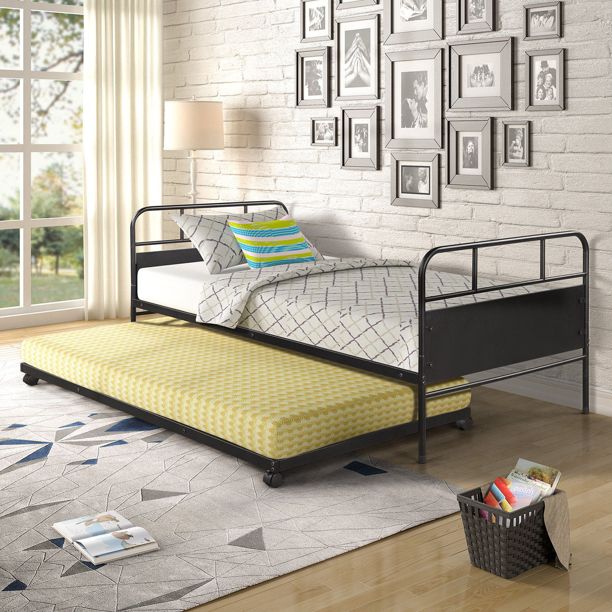 Twin Size Metal Platform Bed With Trundle and Built In Casters - Black