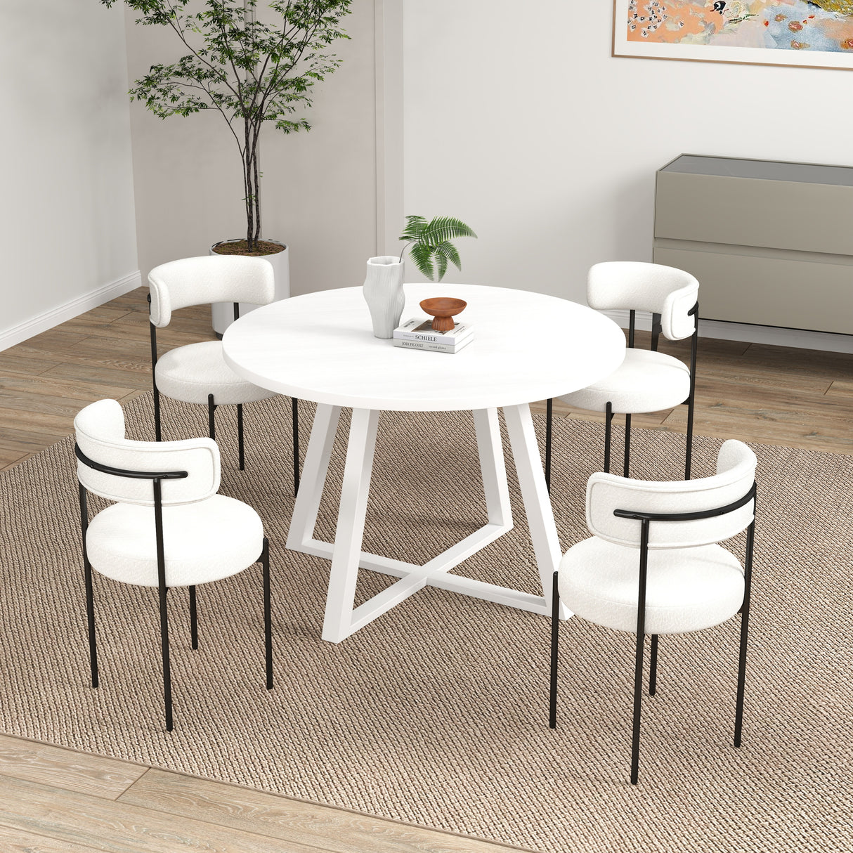 Durban 5-Piece Round Dining Set, with 4 Boucle Chairs