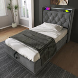 Twin Upholstered bed With 360 Surround LED, Remote Control, Hydraulic storage, USB Type-C charging - Gray