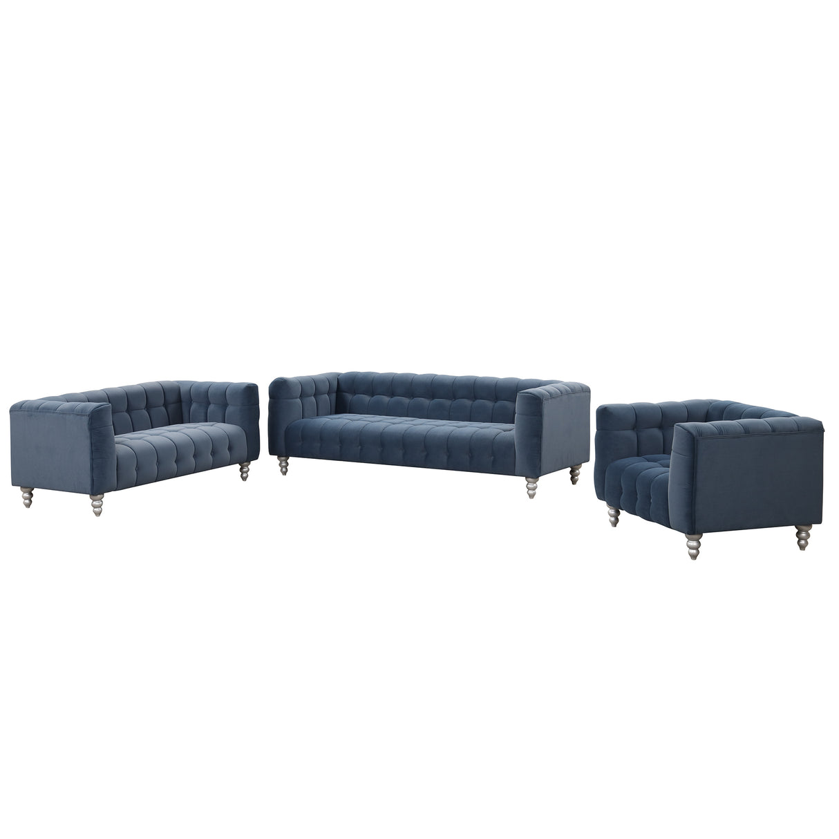 Modern 3-Living Room Set Including Sofa, love seat and Chair with solid wood legs, buttoned tufted backrest - Blue