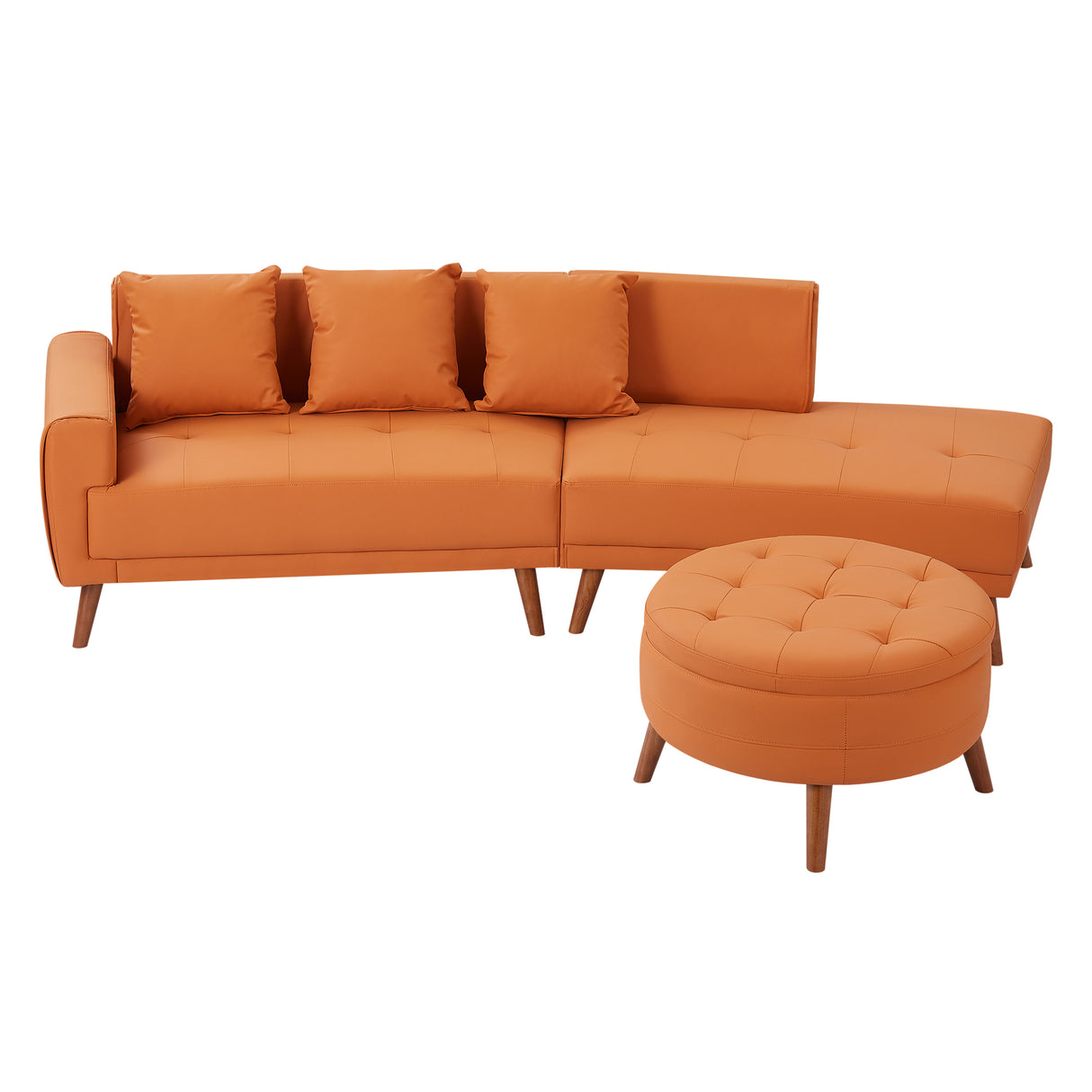 107" Contemporary Sofa with a Round Storage Ottoman and Three Removable Pillows - Orange