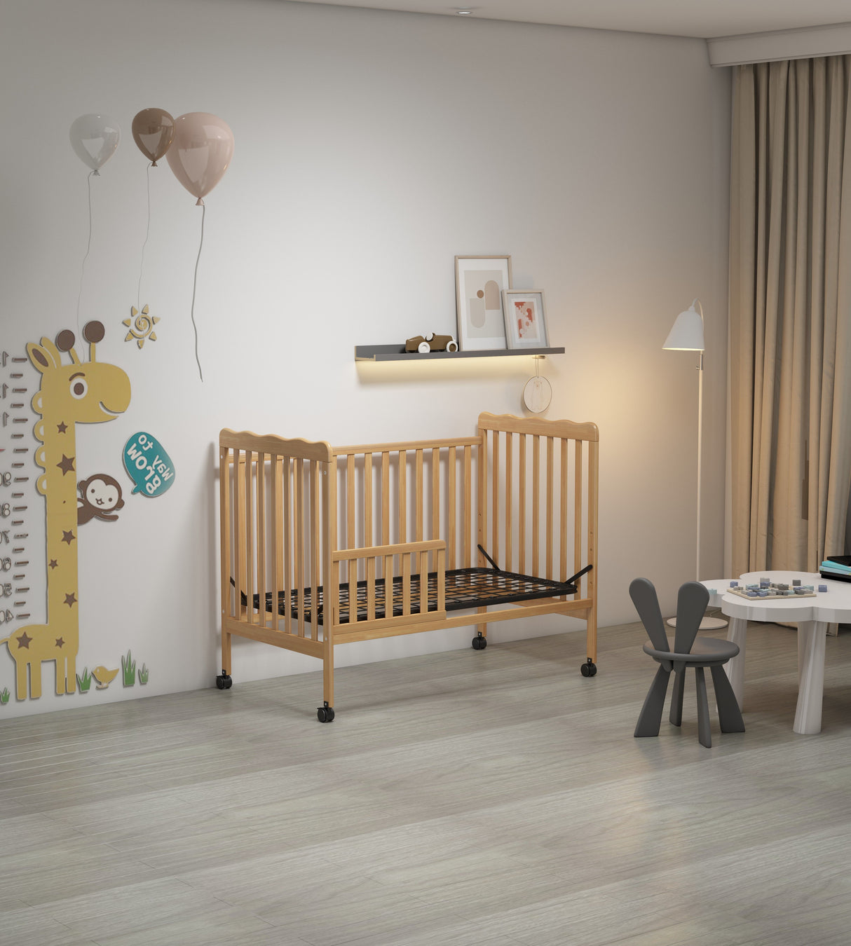 Crib 3 In 1 Convertible, Made Of Sustainable Pinewood, Non Toxic Finish, Comes With Locking Wheels, Wooden Nursery Furniture