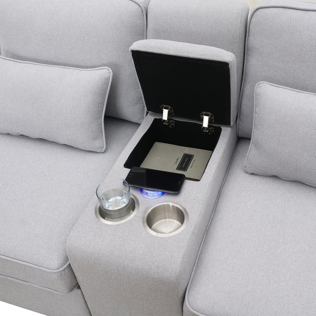 114.2" Upholstered Sofa with Console, 2 Cupholders, 2 USB Ports for Wired or Wireless Charge with 4 Pillows - Light Gray