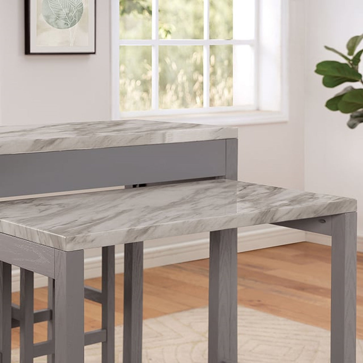 Faux marble Light Gray Counter Height Table with Extension, Drawer and 2 Nested Stools