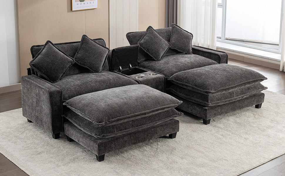 112.6" Chenille Upholstered Sofa with Two Ottomans, Two USB Ports, Two Cup Holders and Large Storage Box -Dark Gray