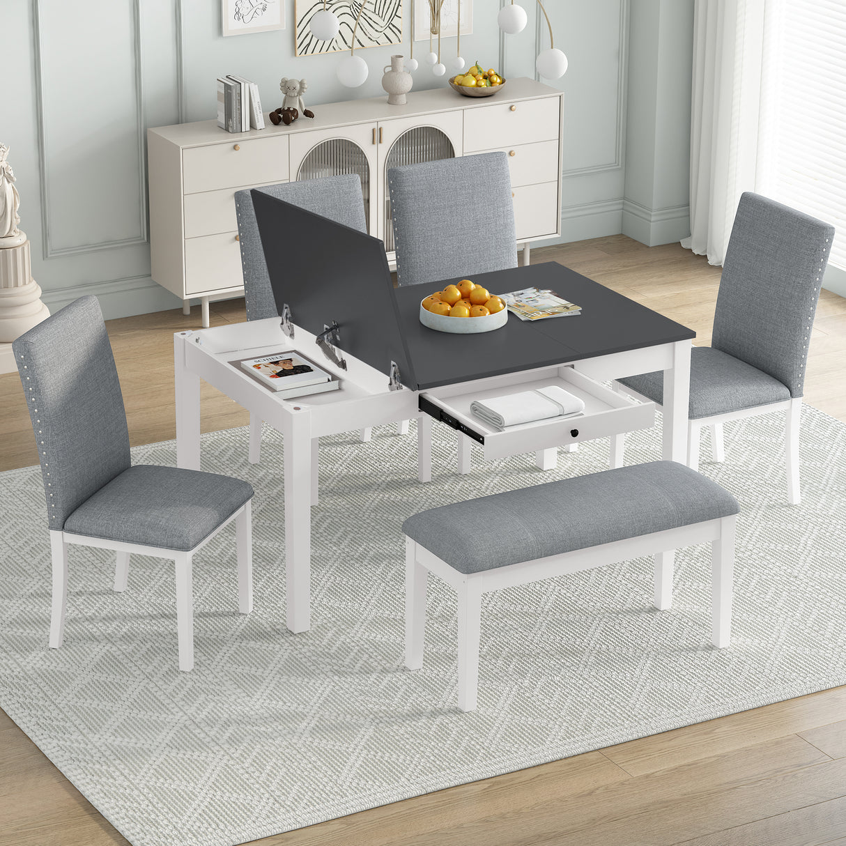 Farmhouse 6-Piece Dining Set with Storage Table with Drawer, and Upholstered Dining Chairs - White+Gray