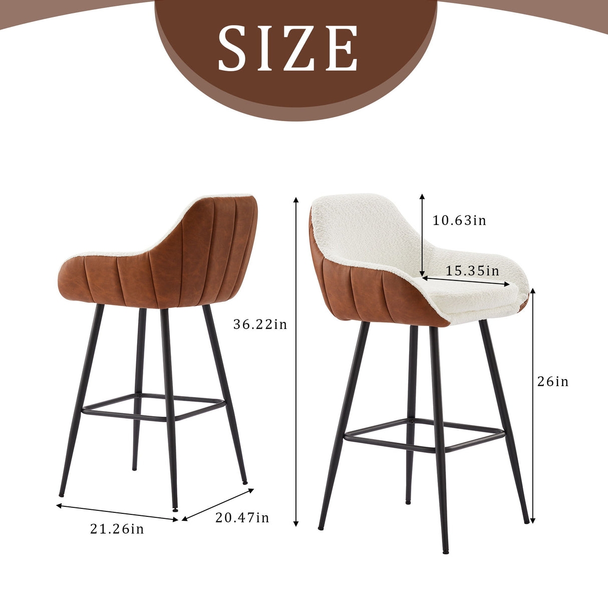 Modern Counter Height Bar Stools (Set of 2 ) With Metal Legs - Dark Brown / White