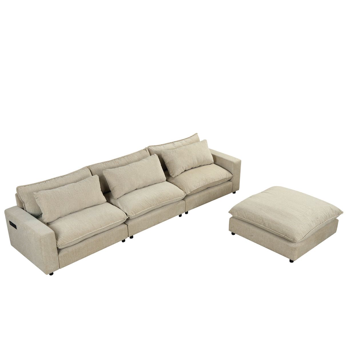 128" Chenille Cloud Sofa with Ottoman, Charging Ports and Three Back Pillows, Beige