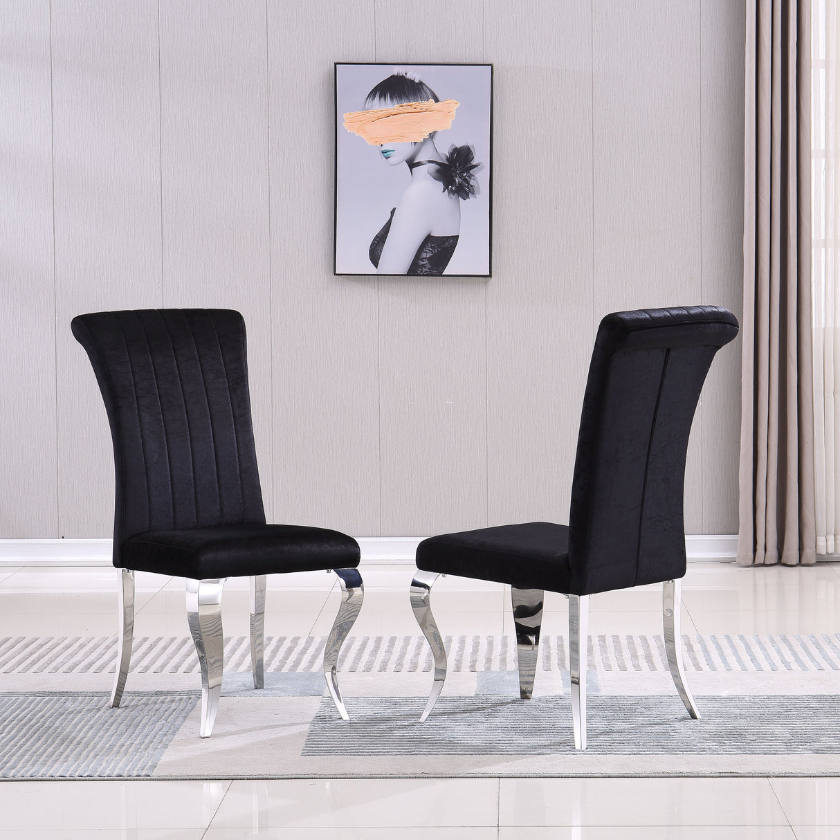 Modern Velvet Dining Chairs (Set of 2), Upholstered Accent Armless Chairs With Stripe Backrest - Black / Silver