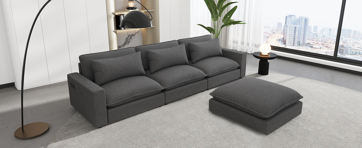 128" Chenille Cloud Sofa with Ottoman, Charging Ports and Three Back Pillows - Grey