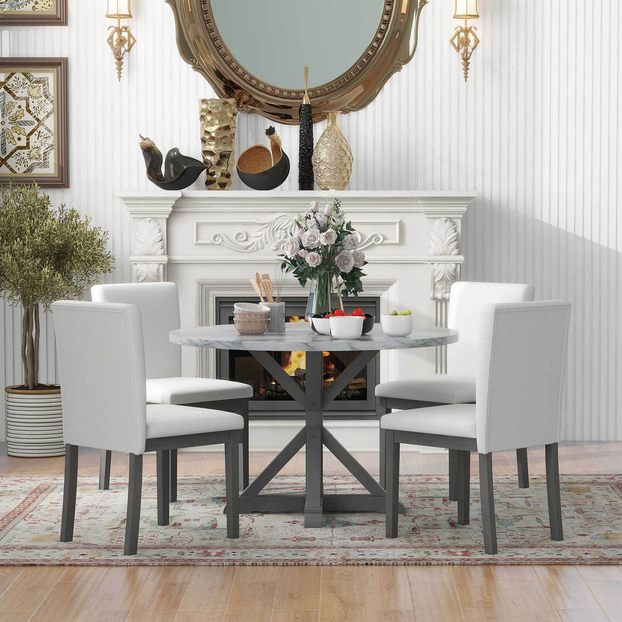 Dining Set with Faux Marble Top and 4 Upholstered Chairs (White+Gray)