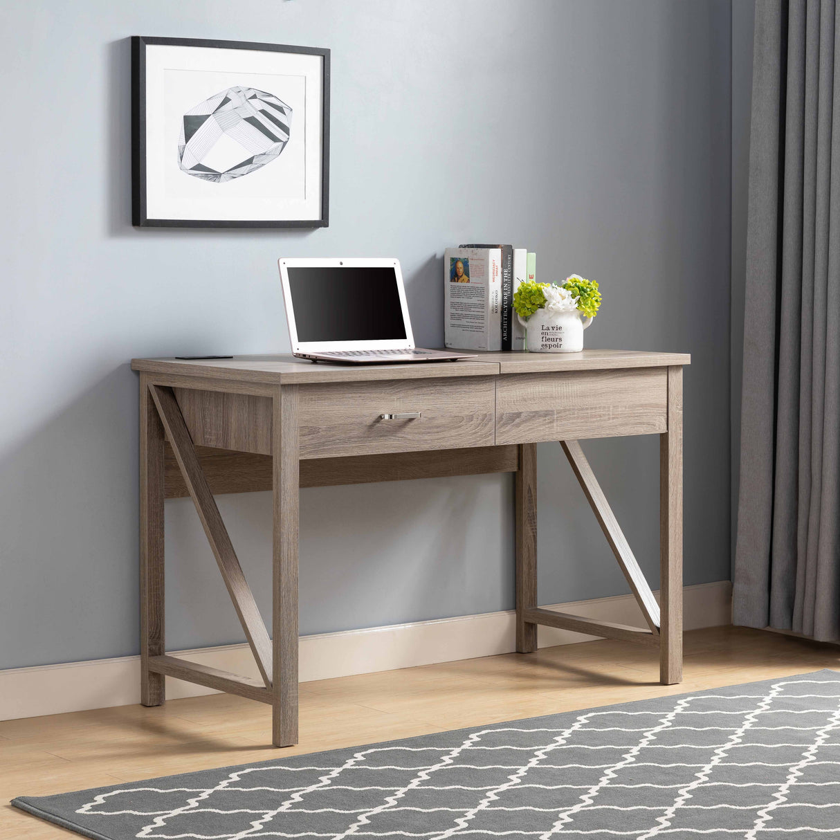 Home Office Desk, Lift-Top Desk With Drawer, USB / Power Outlet - Taupe