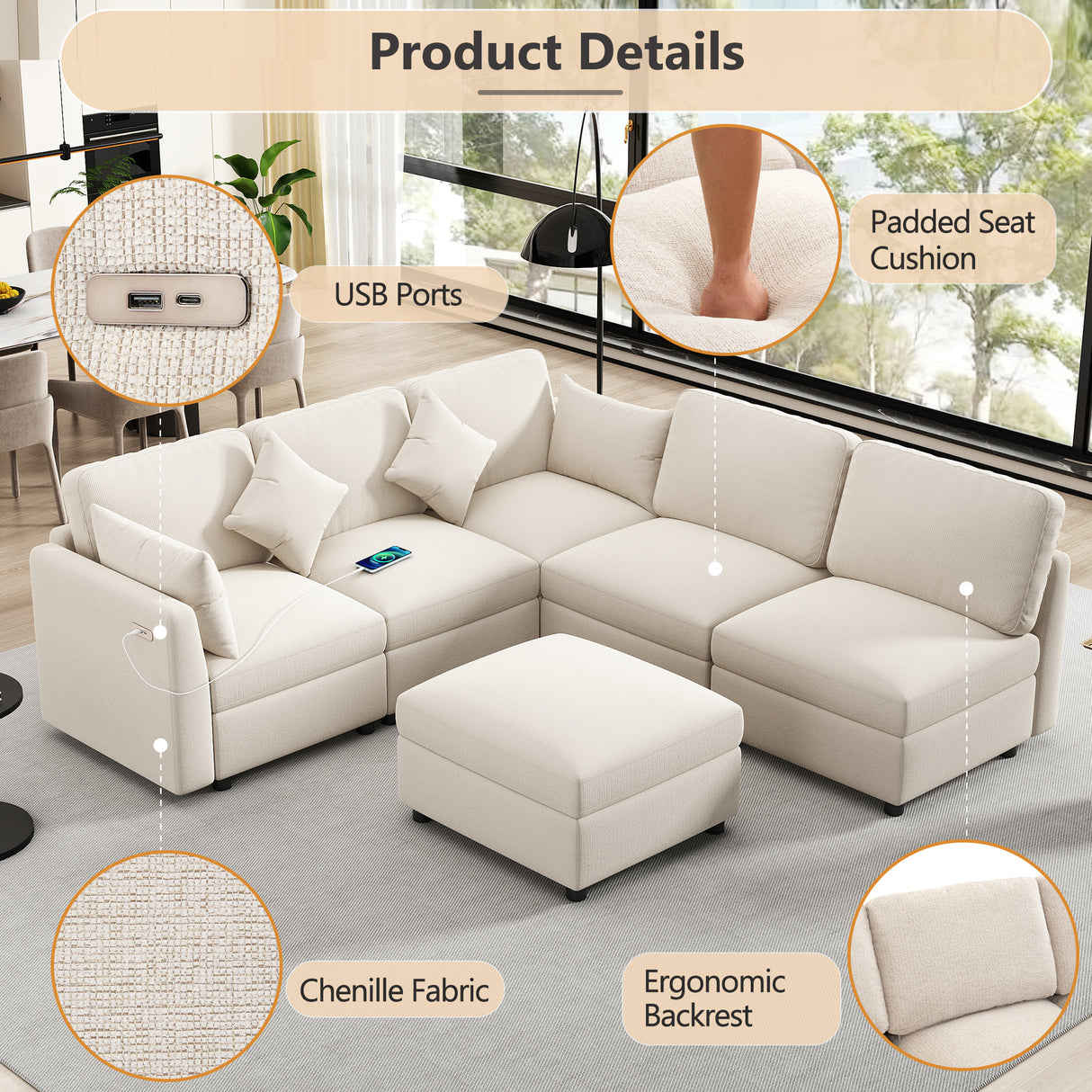 85.4" Modular Sectional Sofa with a Movable Ottoman and Two USB Ports, Beige