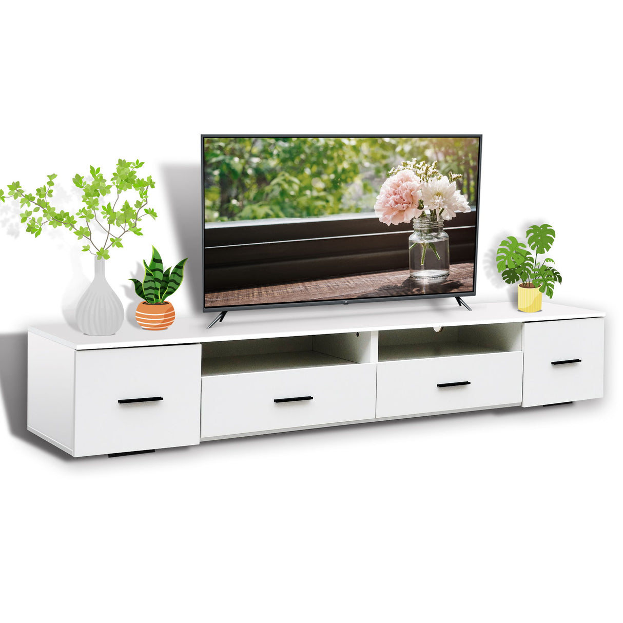 High Glossy TV Stand With 4 Storage Drawers and LED For TVs Up To 90 - White