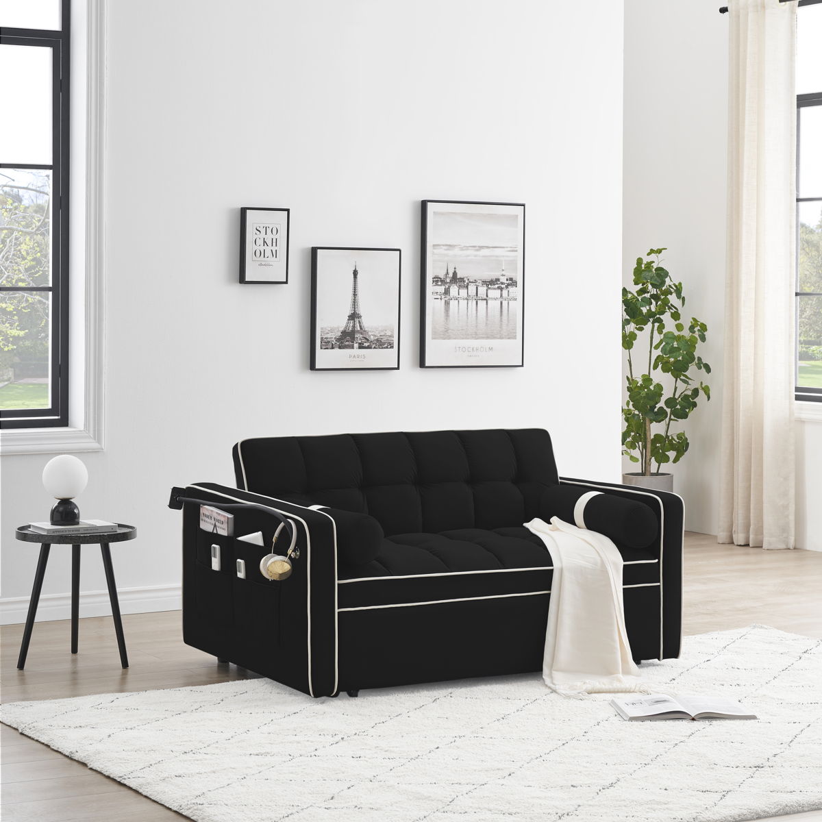 Modern Convertible Sleeper Sofa Couch With Pull Out Bed With Pillows & Side Pockets For Small Space, Living Room