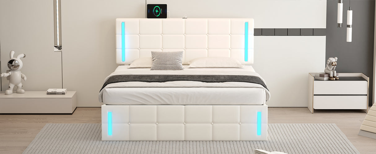 Queen Size Upholstered Bed with LED Lights, Hydraulic Storage System and USB Charging Station,White