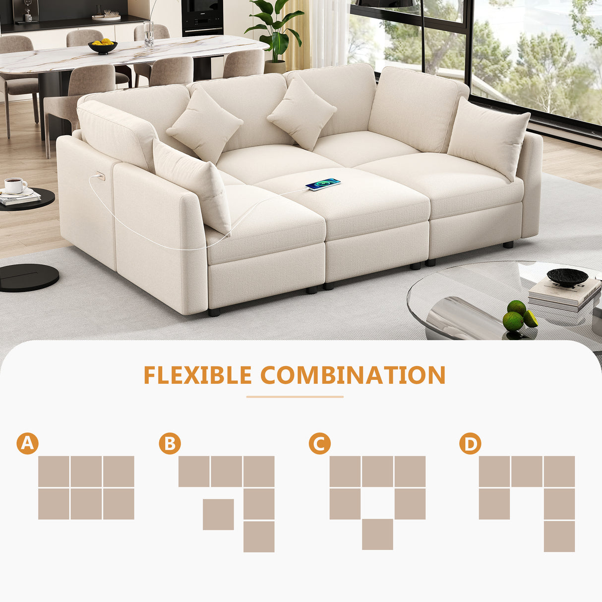 85.4" Modular Sectional Sofa with a Movable Ottoman and Two USB Ports, Beige