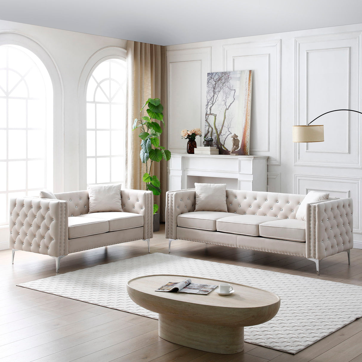 2 Piece Modern Velvet Sofa, Loveseat and 4 Pillows Set - Beige