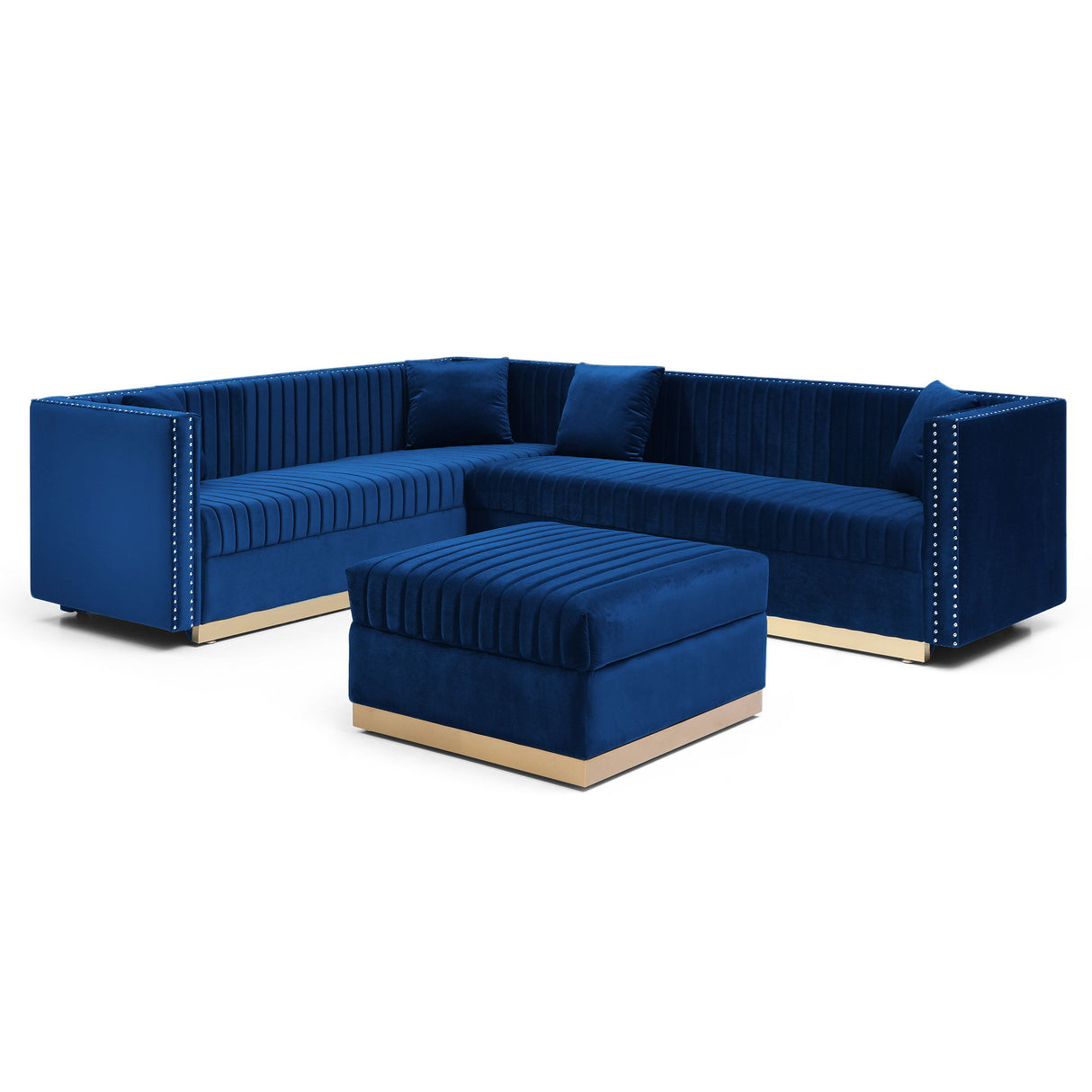 Contemporary Vertical Channel Tufted Velvet Sectional Sofa For Living Room Apartment With Ottoman And 4 Pillows