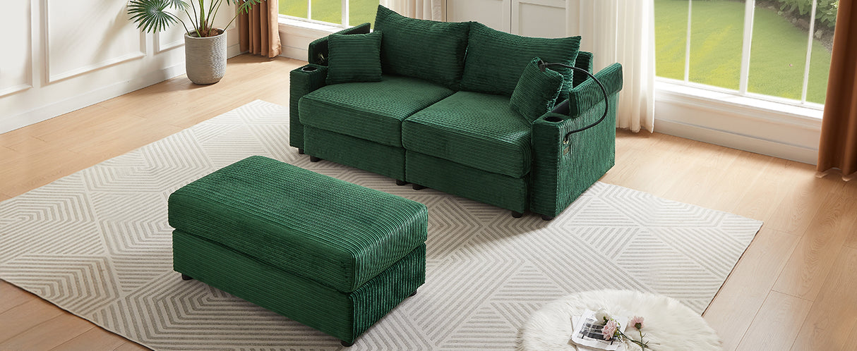 72.8" Modern Style Loveseat with Storage Space, Movable Ottoman, Two USB Ports, Two Cup Holders and Phone Holder - Green