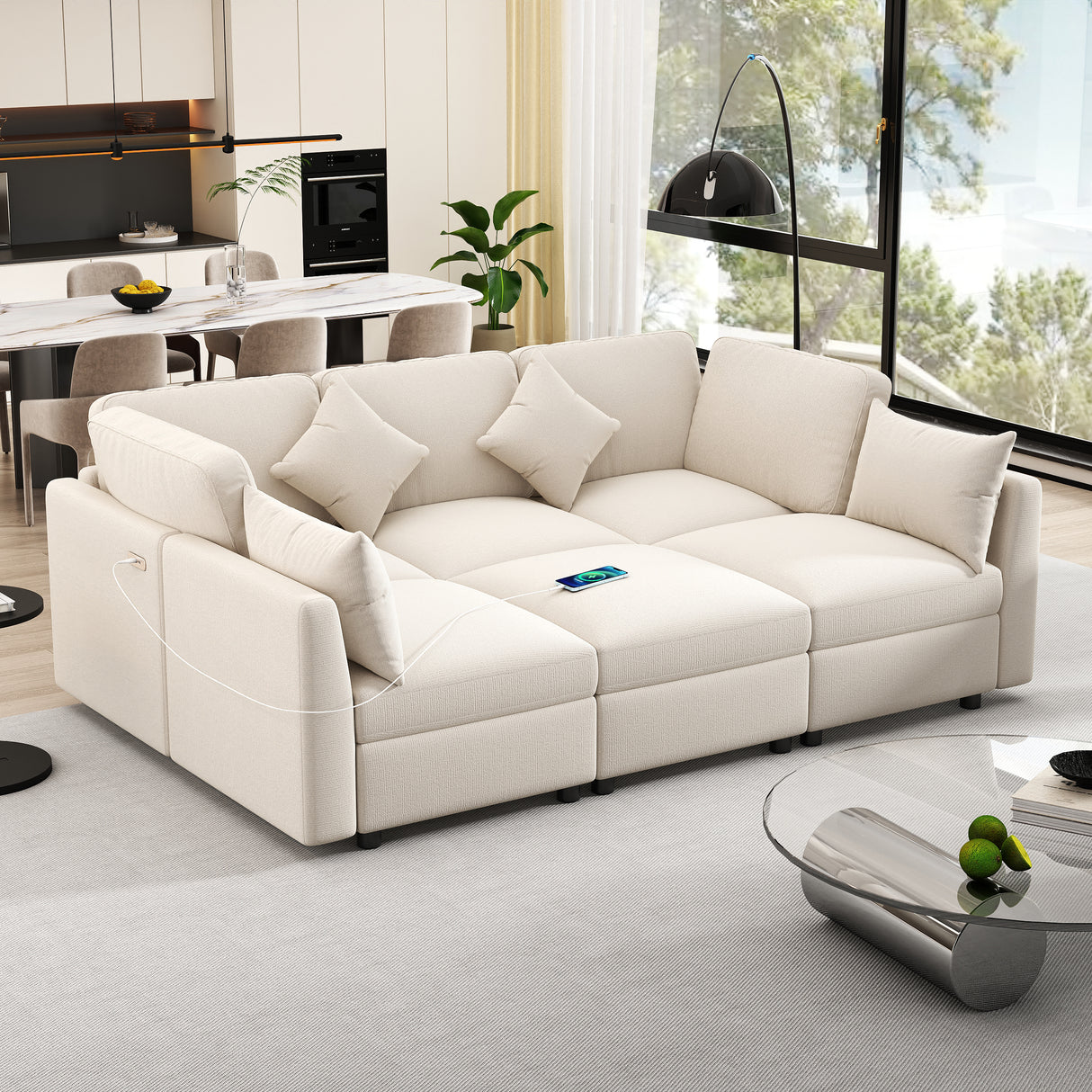 85.4" Modular Sectional Sofa with a Movable Ottoman and Two USB Ports, Beige