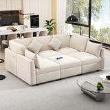 85.4" Modular Sectional Sofa with a Movable Ottoman and Two USB Ports, Beige