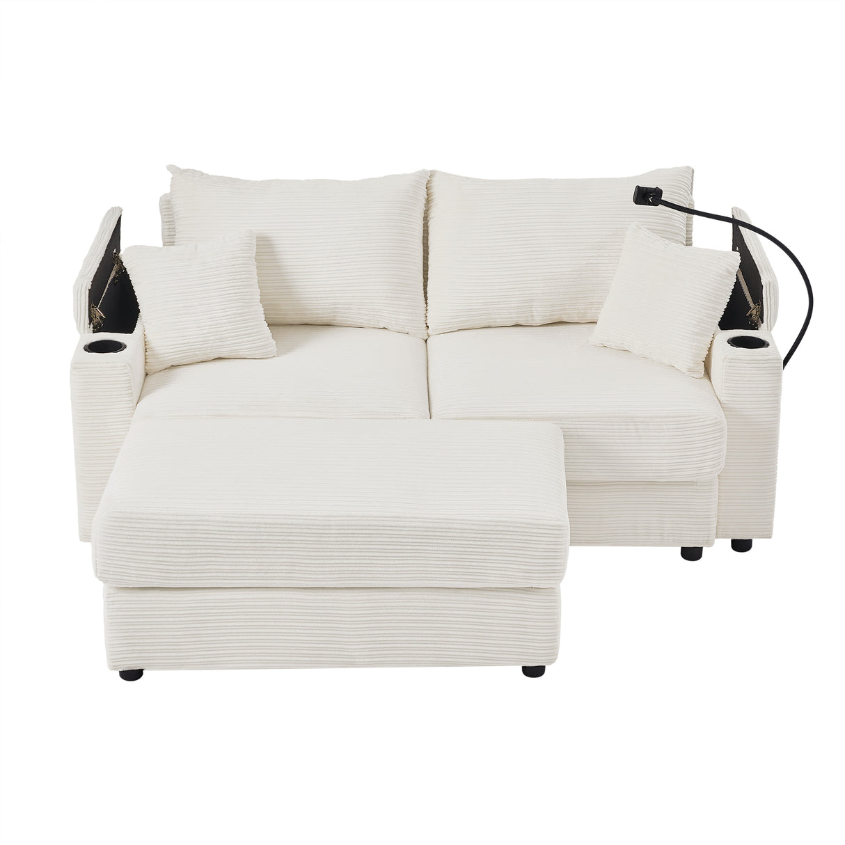 72.8" Modern Style Loveseat with Storage Space, Movable Ottoman, Two USB Ports, Two Cup Holders and Phone Holder - Beige