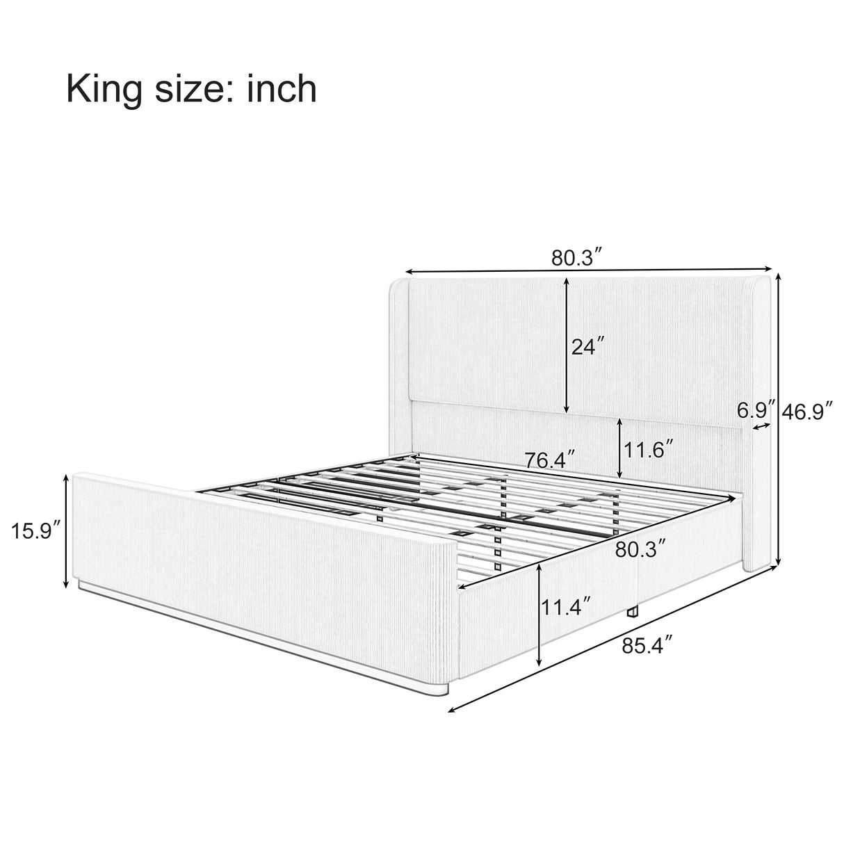 King Size Corduroy Upholstered Bed With 130L Storage Ottoman -  Light Grey