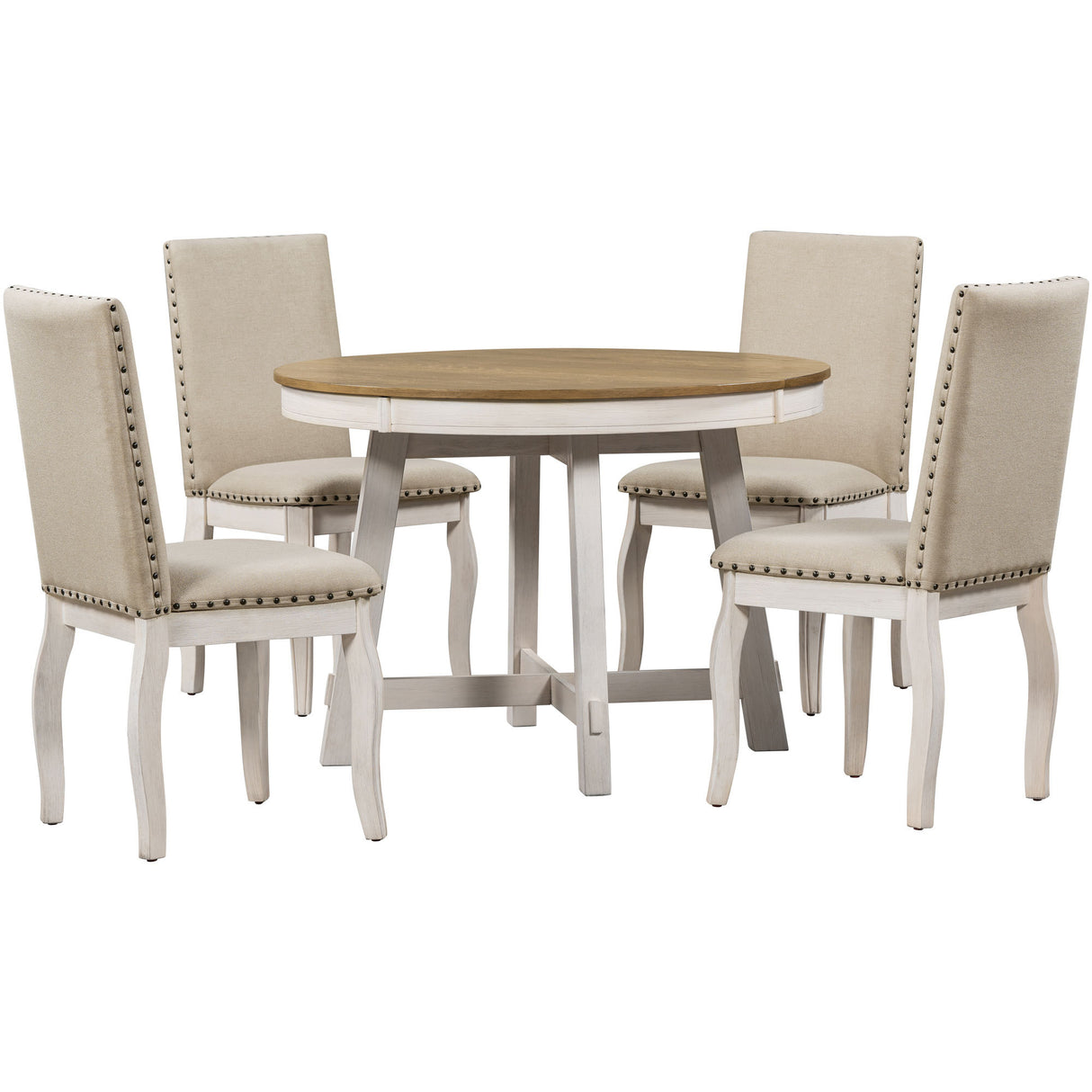 5-Piece Round Farmhouse Dining Set With Extendable Table and 4 Upholstered Dining Chairs - Oak Natural Wood + Antique White)