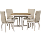 5-Piece Round Farmhouse Dining Set With Extendable Table and 4 Upholstered Dining Chairs - Oak Natural Wood + Antique White)