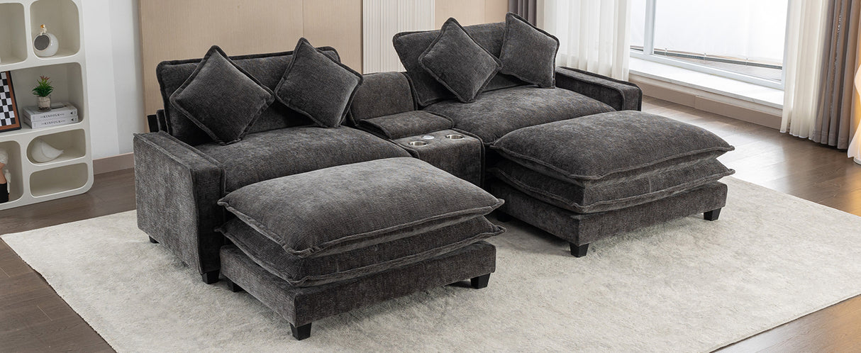 112.6" Chenille Upholstered Sofa with Two Ottomans, Two USB Ports, Two Cup Holders and Large Storage Box -Dark Gray