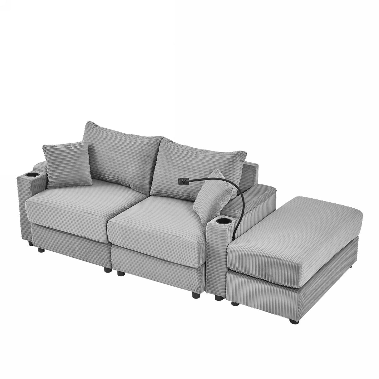 72.8" Modern Style Loveseat with Storage Space, Movable Ottoman, Two USB Ports, Two Cup Holders and Phone Holder - Gray