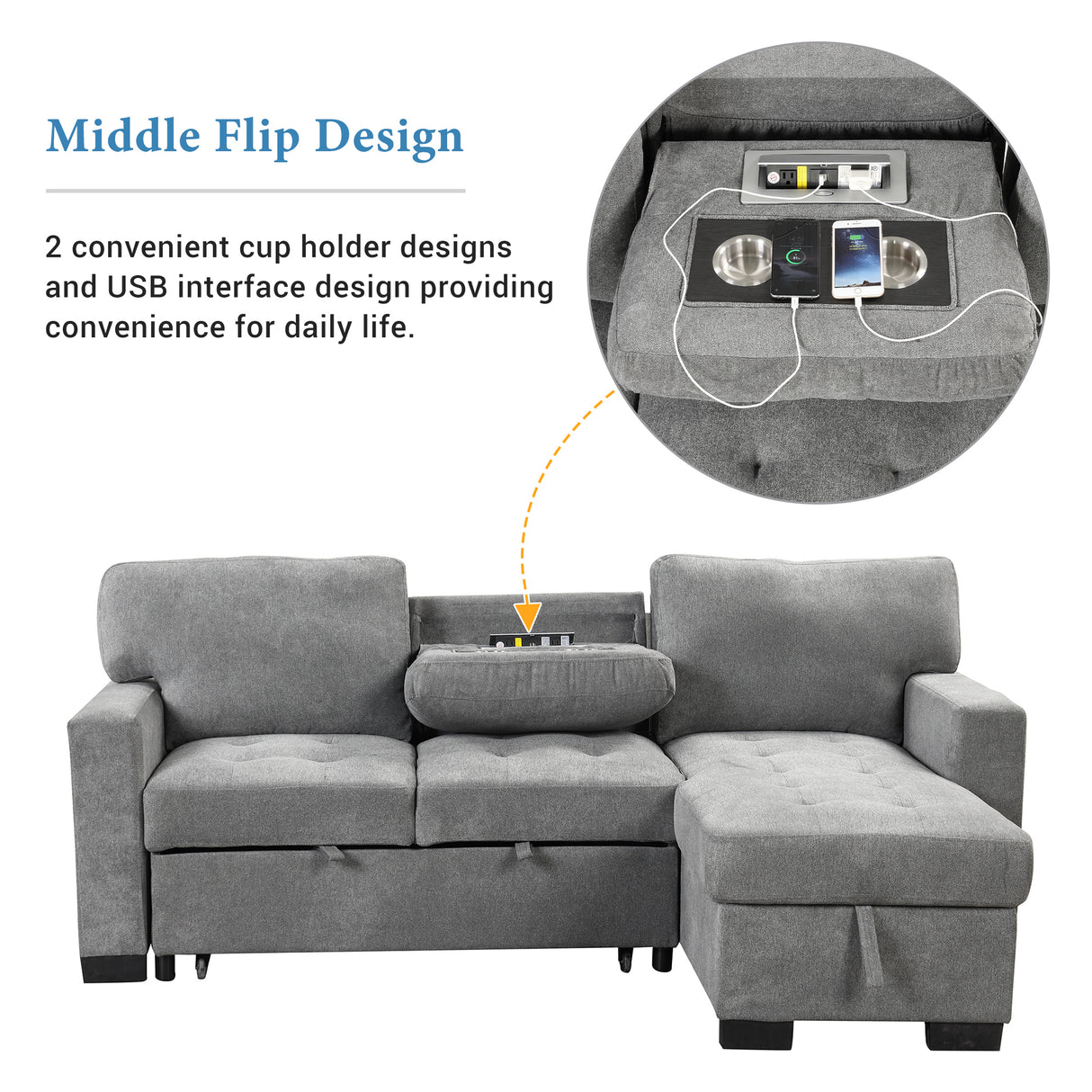 Sleeper Sofa Chaise with Storage  and USB Charger - Gray