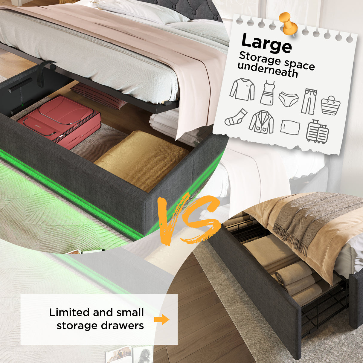 Twin Upholstered bed With 360 Surround LED, Remote Control, Hydraulic storage, USB Type-C charging - Gray